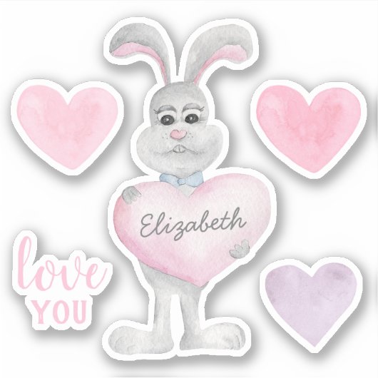 水彩バニーとハート。バレンタインデイラブ シール (正面)
