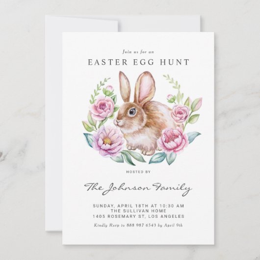 水彩バニーとピンクの花イースターエッグ狩り 招待状 (正面)