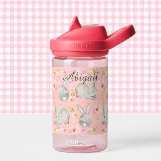 水彩バニーウサギ名ソフトグレー&ピンク ウォーターボトル