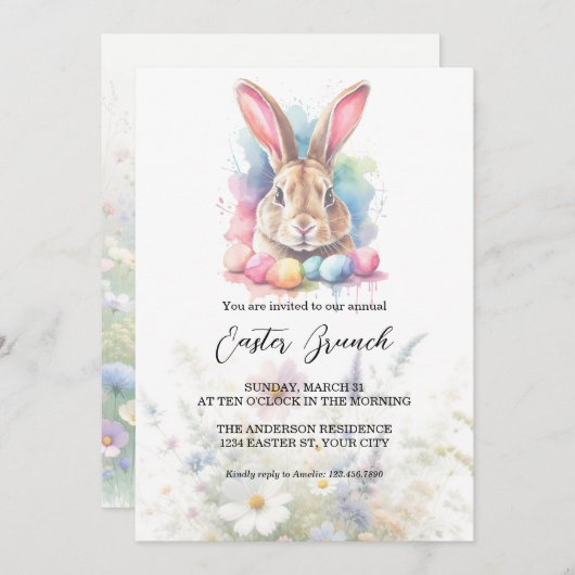 水彩バニーエッグワイルドフラワーイースターブランチ 招待状 (正面/裏面)