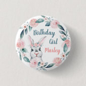 水彩バニーフローラ誕生日ガール、任意の年齢 缶バッジ (正面)