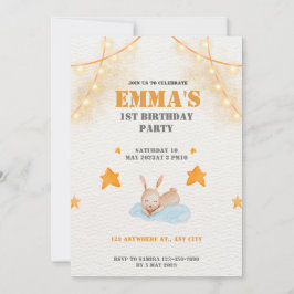 水彩バニーラビットの最初の誕生日パーティー 招待状