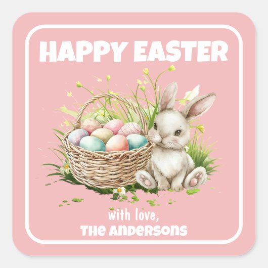 水彩バニー+バスケット|ハッピーイースター スクエアシール (正面)