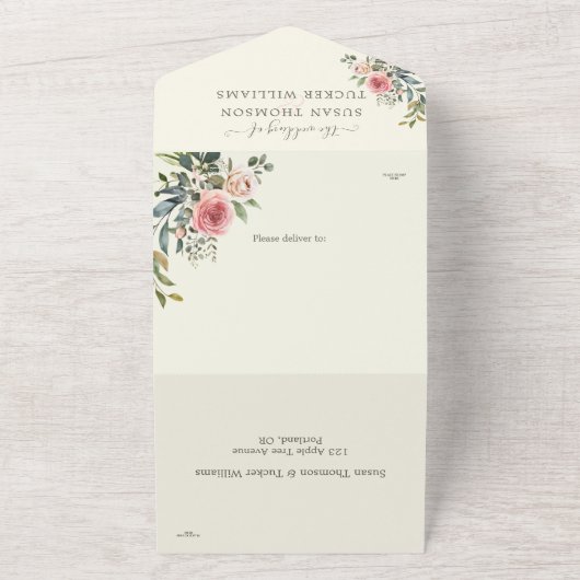 水彩バラすべて1つの結婚式招待状 オールインワン招待状 (外側)