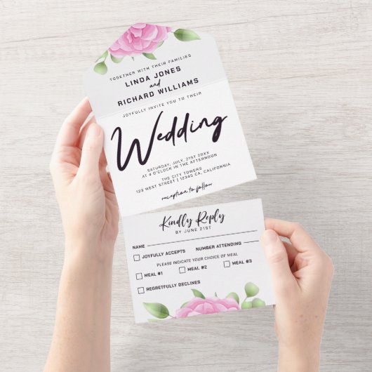 水彩バラすべて1つの結婚式招待状 オールインワン招待状 (貼ってはがせる)