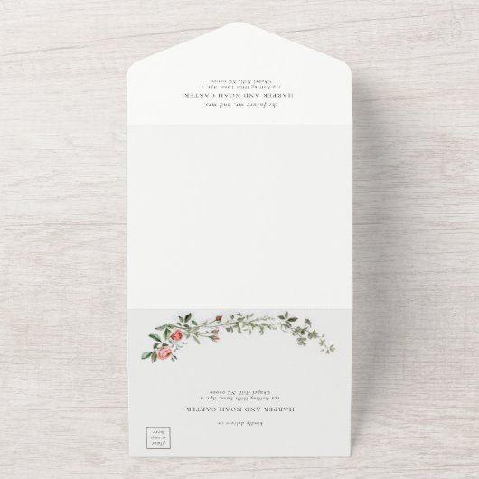 水彩バラつる植物バードガーデンエレガントな結婚式 オールインワン招待状 (外側)