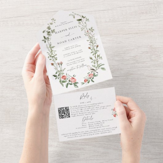 水彩バラつる植物バードガーデンエレガントな結婚式 オールインワン招待状 (貼ってはがせる)