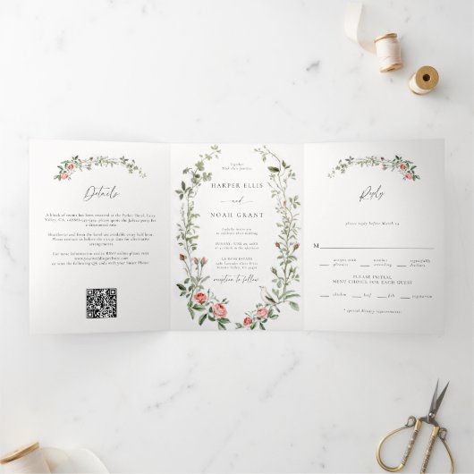 水彩バラつる植物バードシックすべて結婚のワンズ 三つ折り招待状 (内部)