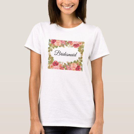 水彩バラとグリッターTシャツ(BRIDESMAID) Tシャツ (正面)