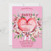 水彩バラとハートバレンタインデーパーティー 招待状 (正面)