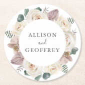 水彩バラとランパーソナライズされた結婚ズ ラウンドペーパーコースター (正面)