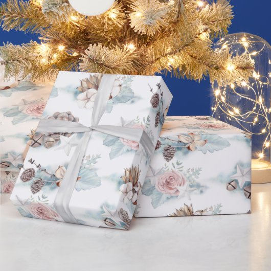水彩バラと松の円錐パターン ラッピングペーパー (クリスマス)