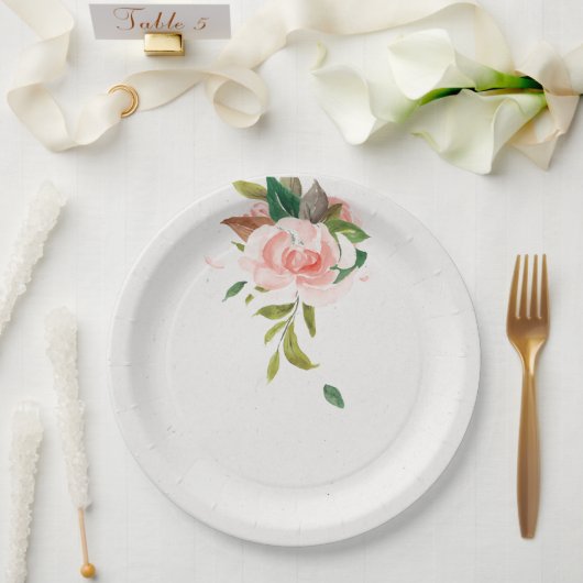 水彩バラと結婚葉 ペーパープレート (ウェディング)