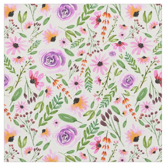 水彩バラと花模様パターン ファブリック (クローズアップ)