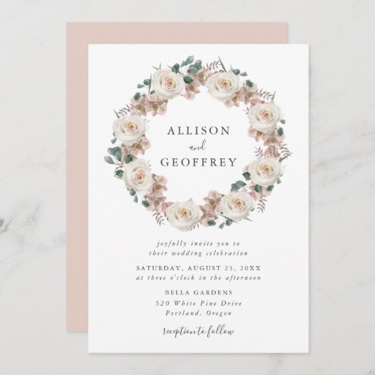 水彩バラと蘭フローラリース結婚ズ 招待状 (正面/裏面)