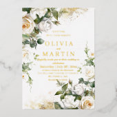 水彩バラと金ゴールドエレガントフローラ結婚ズ 箔招待状 (正面)