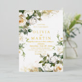 水彩バラと金ゴールドエレガントフローラ結婚ズ 箔招待状 (立ち正面)