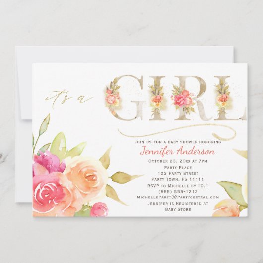 水彩バラと金ゴールドベビーガールシャワー 招待状 (正面)
