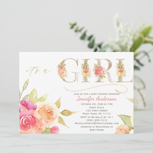 水彩バラと金ゴールドベビーガールシャワー 招待状 (スタンド正面)