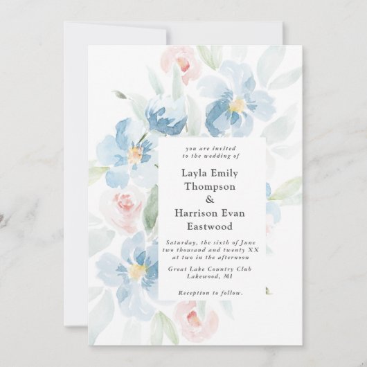 水彩バラと青結婚式招待状 招待状 (正面)