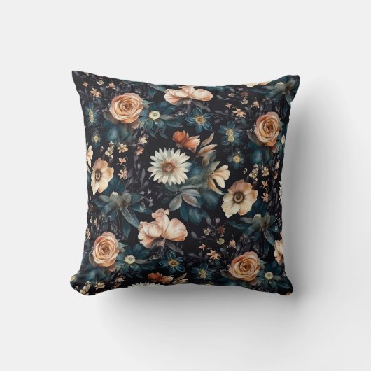 水彩バラと黒い背景の花模様 クッション (正面)
