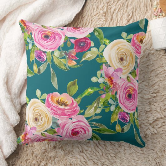 水彩バラのピンクとクリームのティール（緑がかった色） クッション (ブランケット)