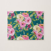 水彩バラのピンクとクリームのティール（緑がかった色） ジグソーパズル (横)