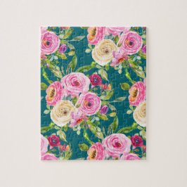 水彩バラのピンクとクリームのティール（緑がかった色） ジグソーパズル