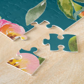 水彩バラのピンクとクリームのティール（緑がかった色） ジグソーパズル (側面)