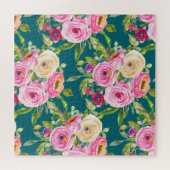 水彩バラのピンクとクリームのティール（緑がかった色） ジグソーパズル (横)