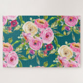 水彩バラのピンクとクリームのティール（緑がかった色） ジグソーパズル (横)