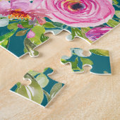 水彩バラのピンクとクリームのティール(緑がかった色) ジグソーパズル (側面)