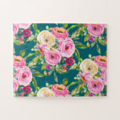 水彩バラのピンクとクリームのティール(緑がかった色) ジグソーパズル (横)