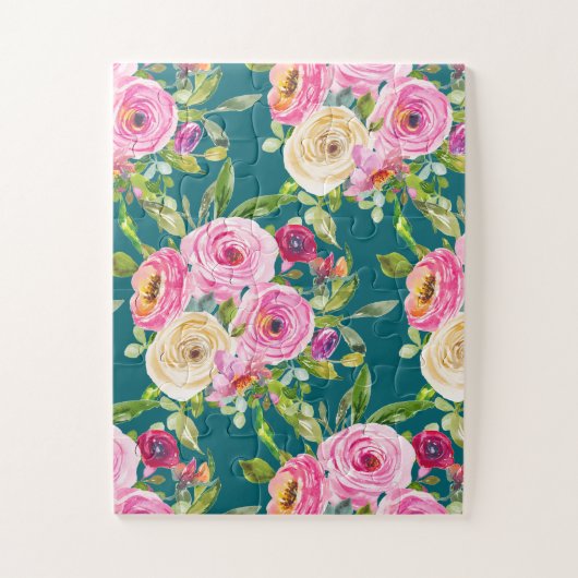 水彩バラのピンクとクリームのティール(緑がかった色) ジグソーパズル (縦)