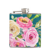 水彩バラのピンクとクリームのティール（緑がかった色） フラスク (正面)