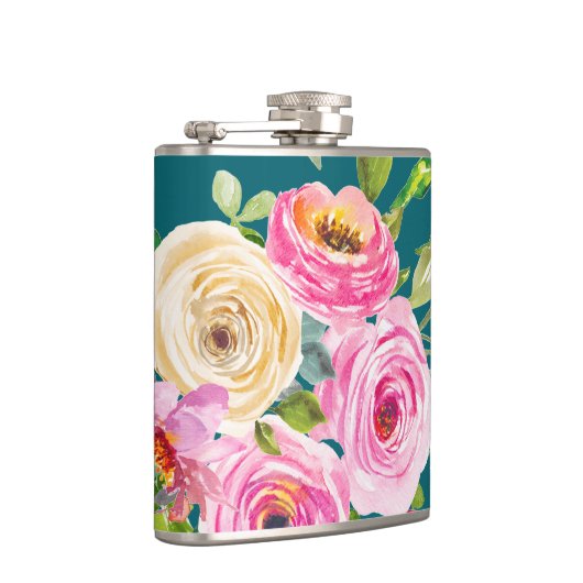 水彩バラのピンクとクリームのティール（緑がかった色） フラスク (右)