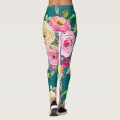 水彩バラのピンクとクリームのティール(緑がかった色) レギンス (裏面)