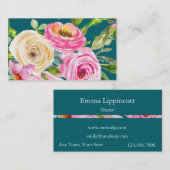 水彩バラのピンクとクリームのティール(緑がかった色) 名刺 (正面/裏面)