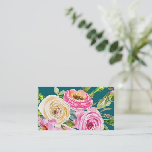 水彩バラのピンクとクリームのティール（緑がかった色） 名刺 (スタンド正面)