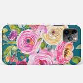 水彩バラのピンクとクリームのティール（緑がかった色） Case-Mate iPhoneケース (裏面(横))