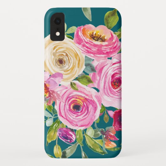 水彩バラのピンクとクリームのティール（緑がかった色） Case-Mate iPhoneケース (裏面)