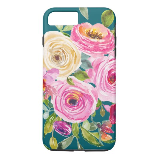水彩バラのピンクとクリームのティール(緑がかった色) Case-Mate iPhoneケース (裏面)