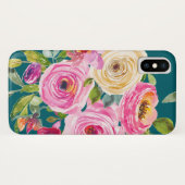 水彩バラのピンクとクリームのティール（緑がかった色） Case-Mate iPhoneケース (裏面(横))