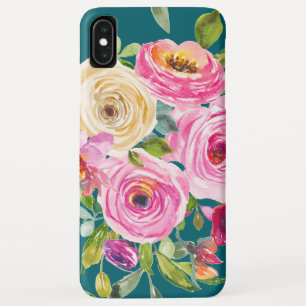 水彩バラのピンクとクリームのティール(緑がかった色) iPhone XS MAXケース
