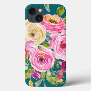 水彩バラのピンクとクリームのティール(緑がかった色) iPhone 13ケース