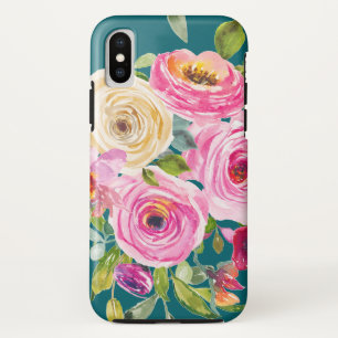 水彩バラのピンクとクリームのティール（緑がかった色） iPhone XSケース