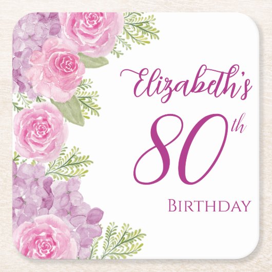 水彩バラのピンクの80歳の誕生日 コースター (正面)