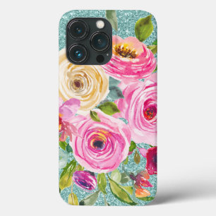 水彩バラインピンククリームアクアグリッター iPhone 13 PROケース