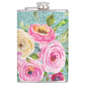 水彩バラインピンク&クリームアクアグリッター フラスク (正面)