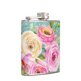 水彩バラインピンク&クリームアクアグリッター フラスク